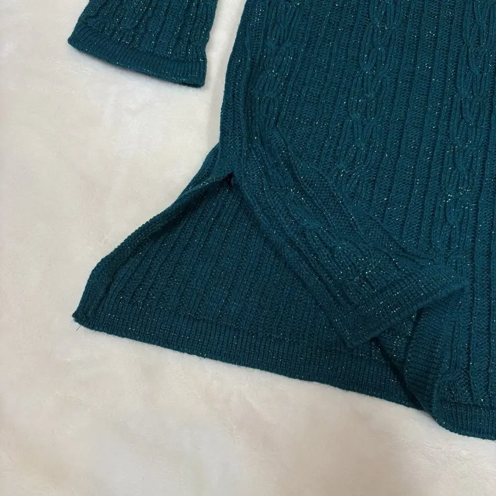 Vintage Diane Von Furstenburg Teal Green Metallic Cable Knit Sweater Womens 1X2\
